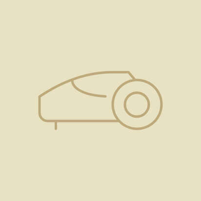 Vereinfachtes Icon eines Mähroboters in minimalistischem Design auf beige Hintergrund.